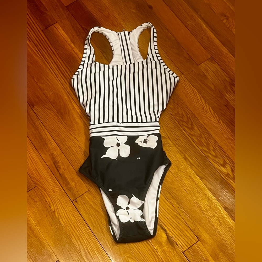 One-Piece Dark Green and White Striped Floral Swimsuit